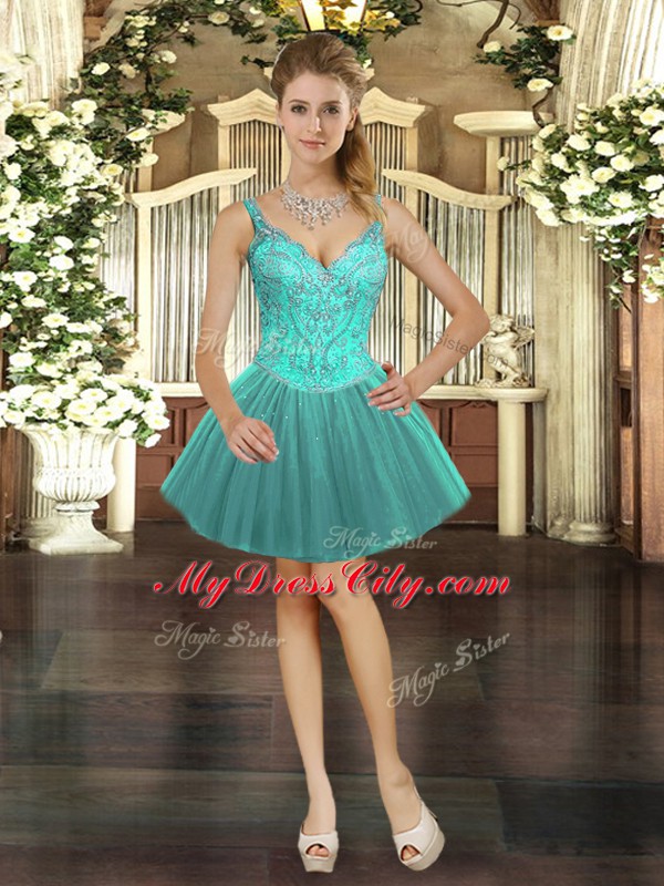 Turquoise Ball Gowns Tulle Straps Sleeveless Beading Floor Length Lace Up Quince Ball Gowns