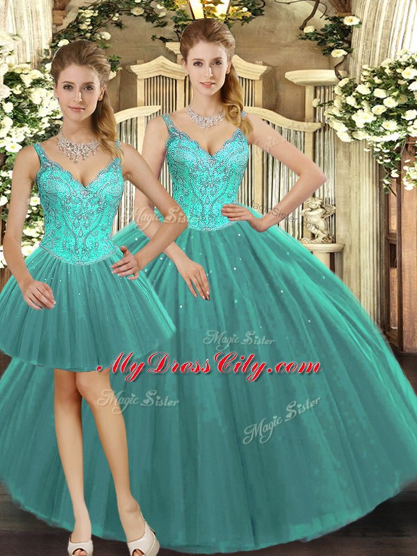 Turquoise Ball Gowns Tulle Straps Sleeveless Beading Floor Length Lace Up Quince Ball Gowns