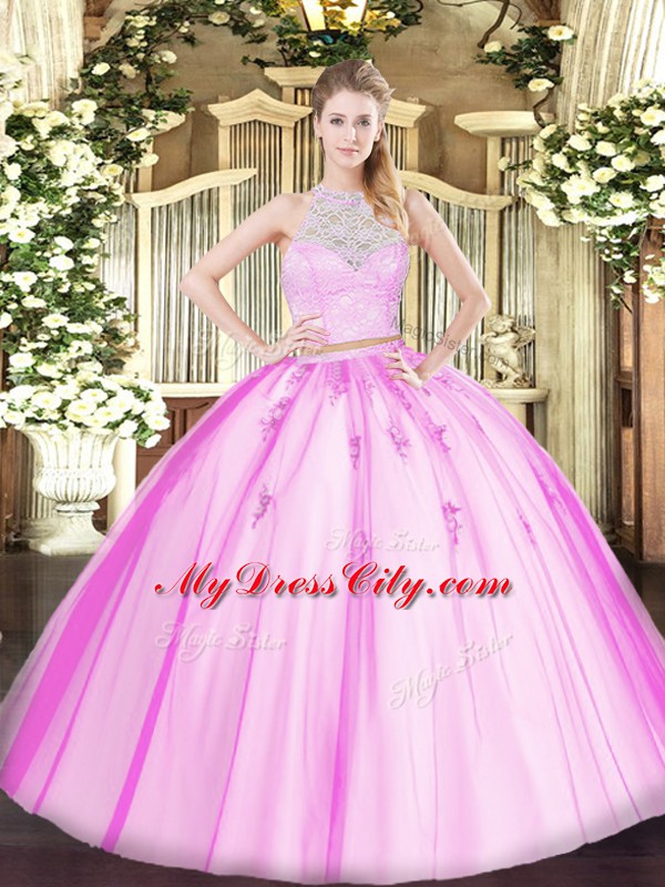 Cheap Sleeveless Floor Length Lace and Appliques Zipper Quinceanera Gown with Fuchsia