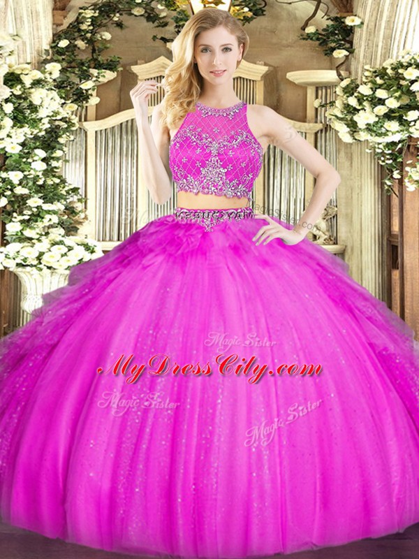 Modest Scoop Sleeveless Zipper 15 Quinceanera Dress Fuchsia Tulle