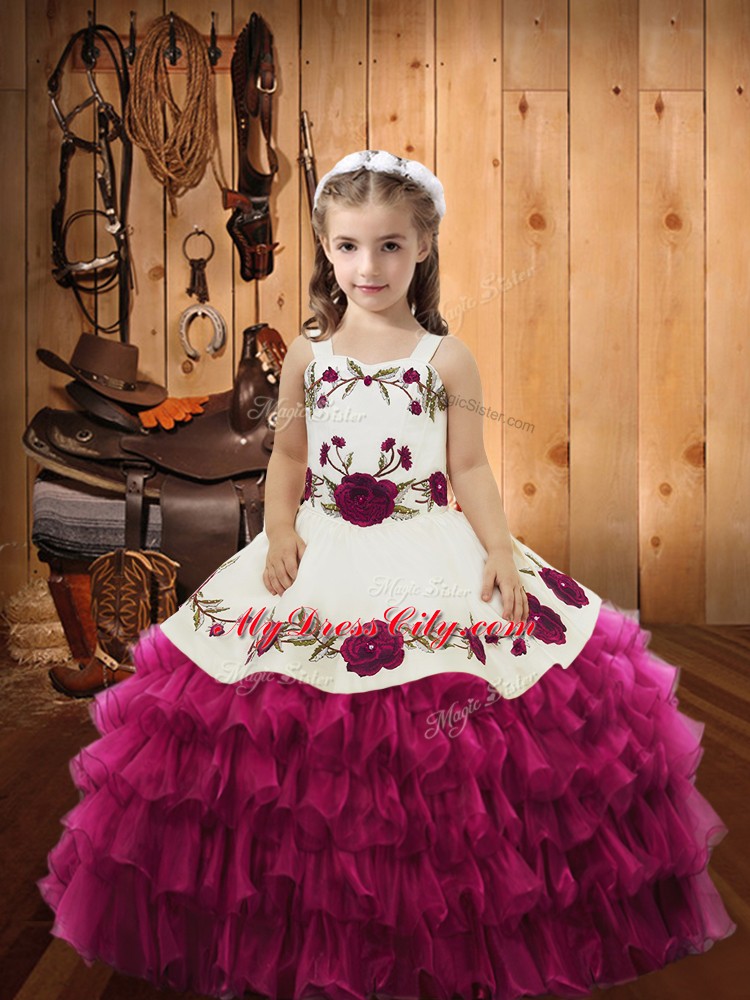 Fuchsia Lace Up Little Girl Pageant Dress Embroidery and Ruffled Layers Sleeveless Floor Length