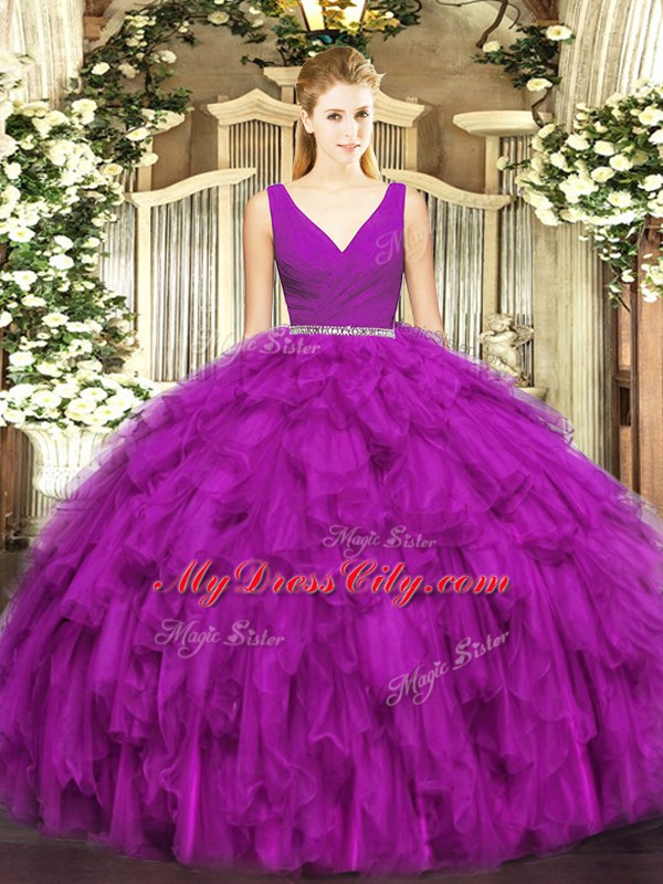 Glorious Fuchsia Two Pieces Beading and Ruffles Quinceanera Dresses Zipper Tulle Sleeveless Floor Length