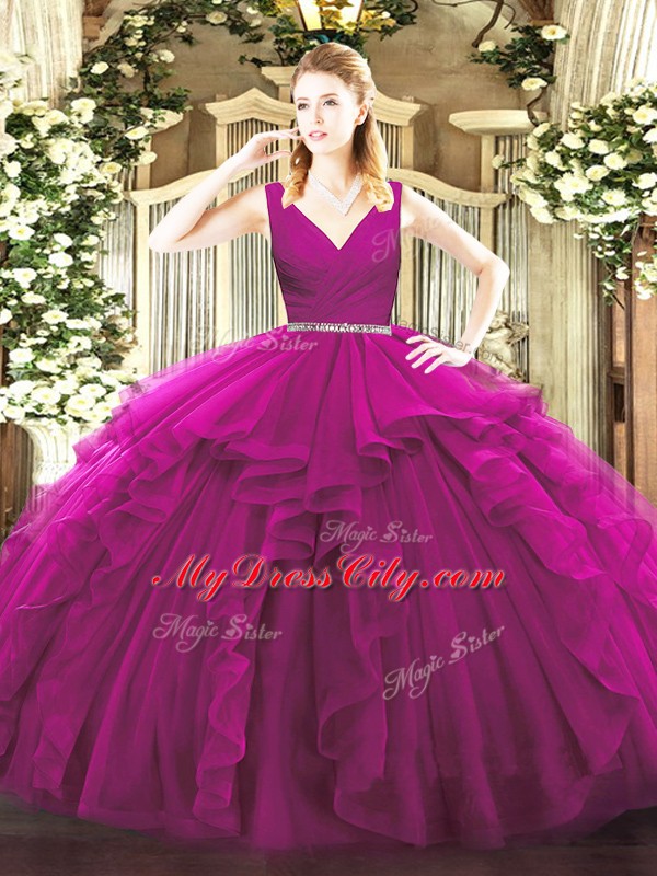 Fantastic Floor Length Fuchsia Quinceanera Dresses V-neck Sleeveless Zipper