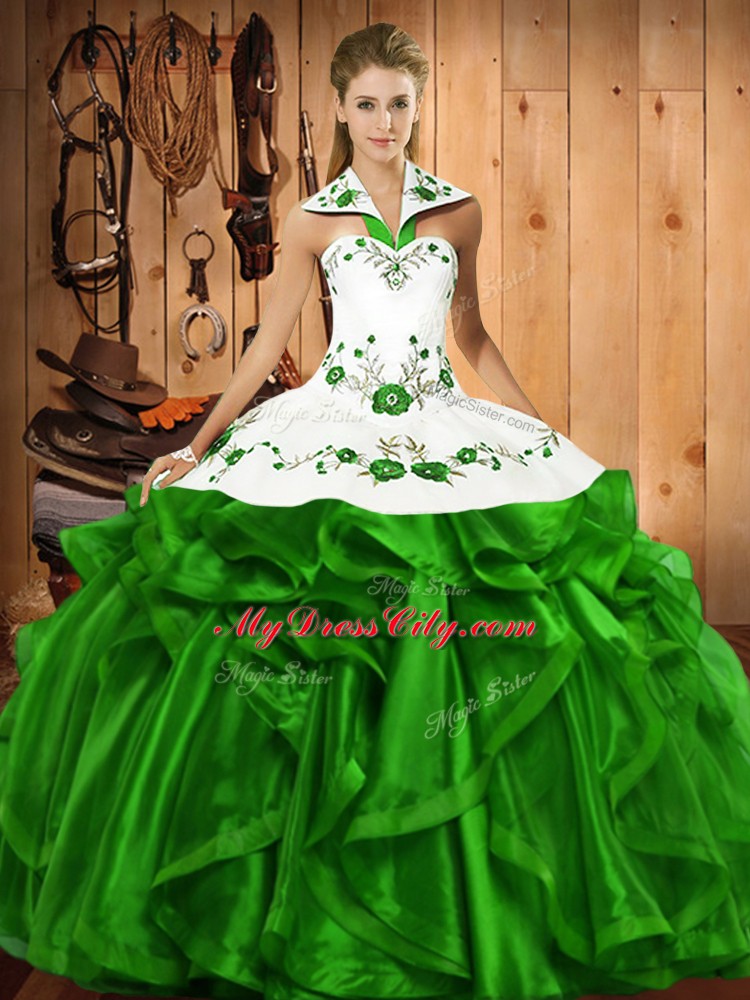 Customized Halter Top Sleeveless Satin and Organza Sweet 16 Dress Embroidery and Ruffles Lace Up