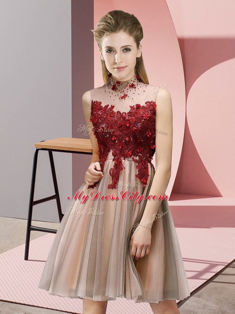 Low Price High-neck Sleeveless Bridesmaid Dresses Knee Length Appliques Pink Tulle