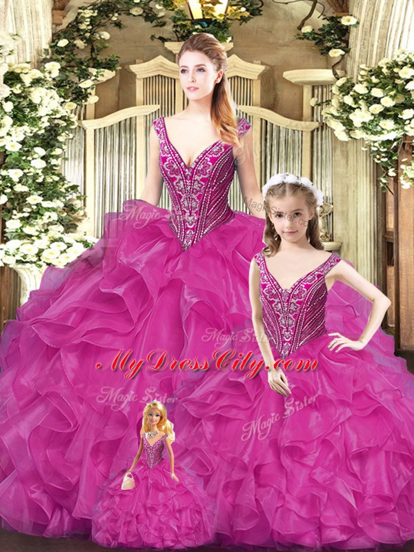 Glorious Tulle Sleeveless Floor Length Sweet 16 Dress and Beading and Ruffles