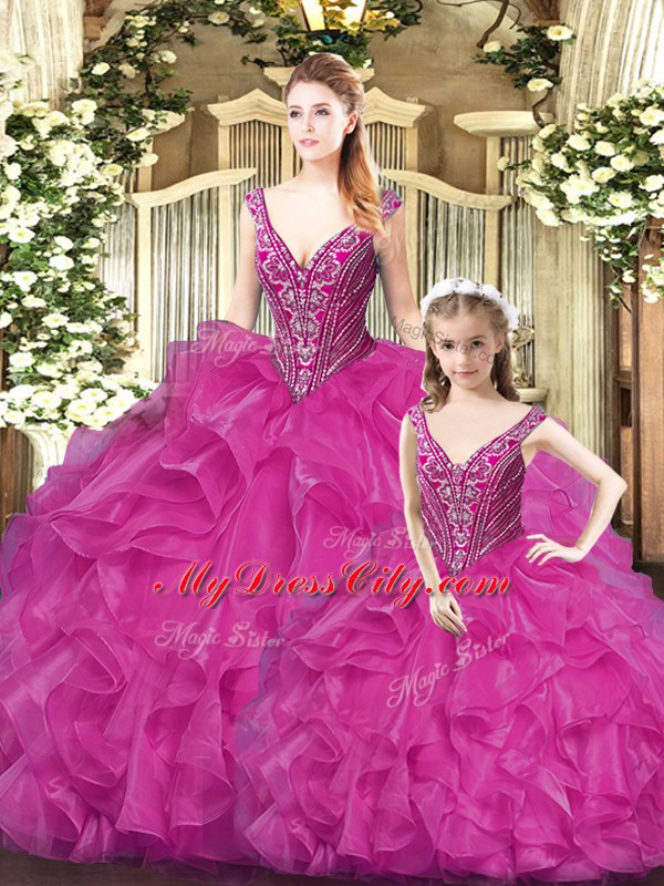 Glorious Tulle Sleeveless Floor Length Sweet 16 Dress and Beading and Ruffles