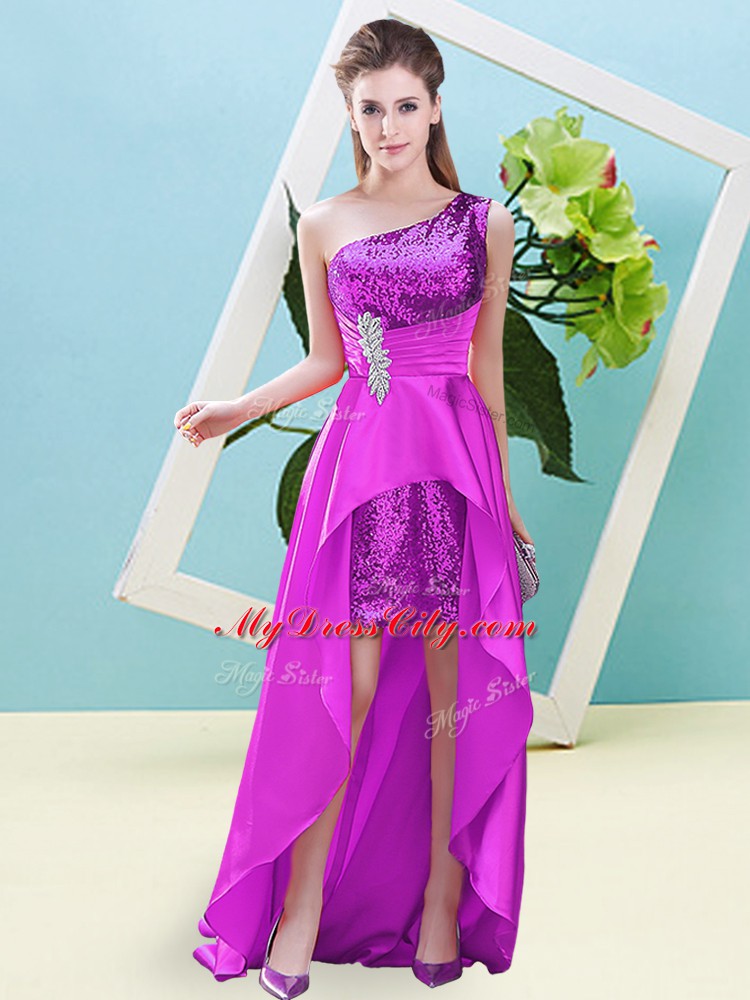 High Low Fuchsia Dress for Prom One Shoulder Sleeveless Lace Up