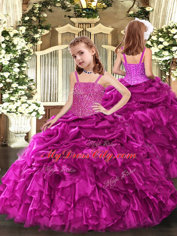 Latest Fuchsia Sleeveless Beading and Ruffles Floor Length Little Girl Pageant Dress