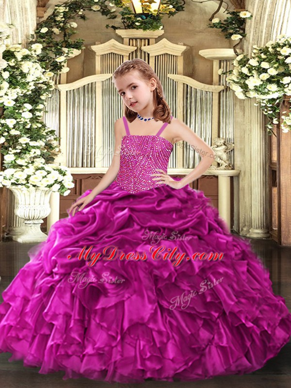 Latest Fuchsia Sleeveless Beading and Ruffles Floor Length Little Girl Pageant Dress