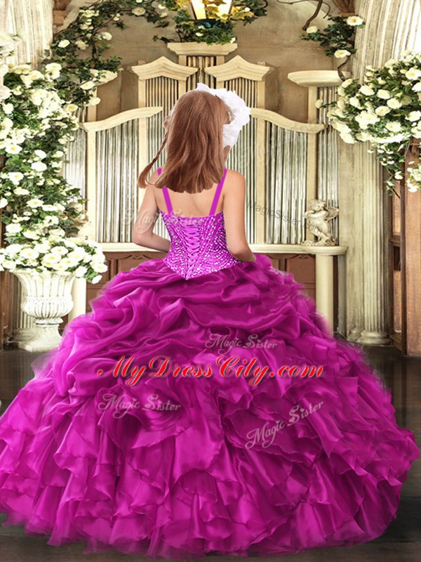 Latest Fuchsia Sleeveless Beading and Ruffles Floor Length Little Girl Pageant Dress