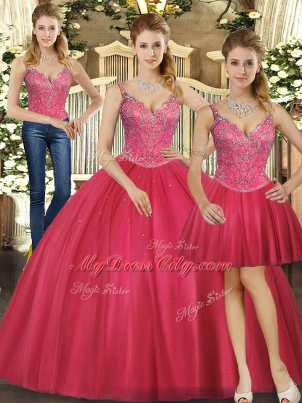 Hot Pink Straps Lace Up Beading Vestidos de Quinceanera Sleeveless