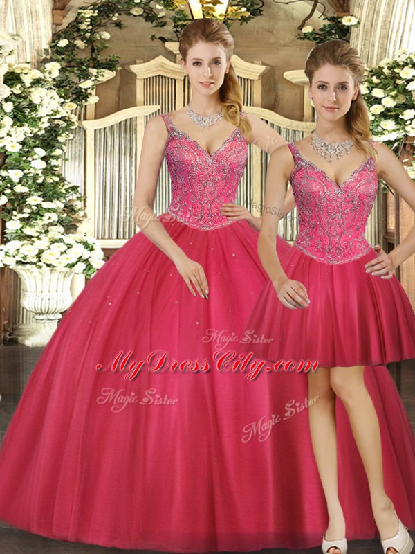 Hot Pink Straps Lace Up Beading Vestidos de Quinceanera Sleeveless