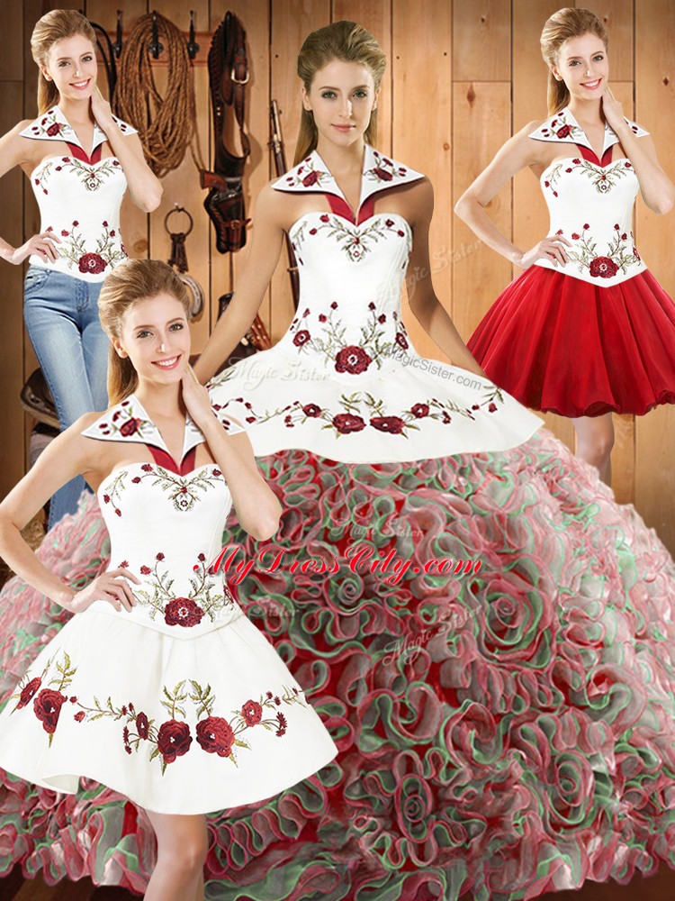 Sleeveless Sweep Train Lace Up Embroidery Sweet 16 Quinceanera Dress