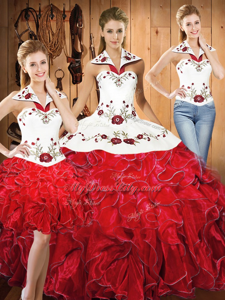 White And Red Sleeveless Floor Length Embroidery and Ruffles Lace Up Quinceanera Dresses