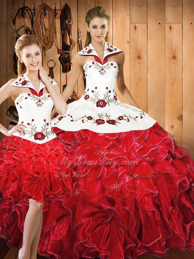 White And Red Sleeveless Floor Length Embroidery and Ruffles Lace Up Quinceanera Dresses