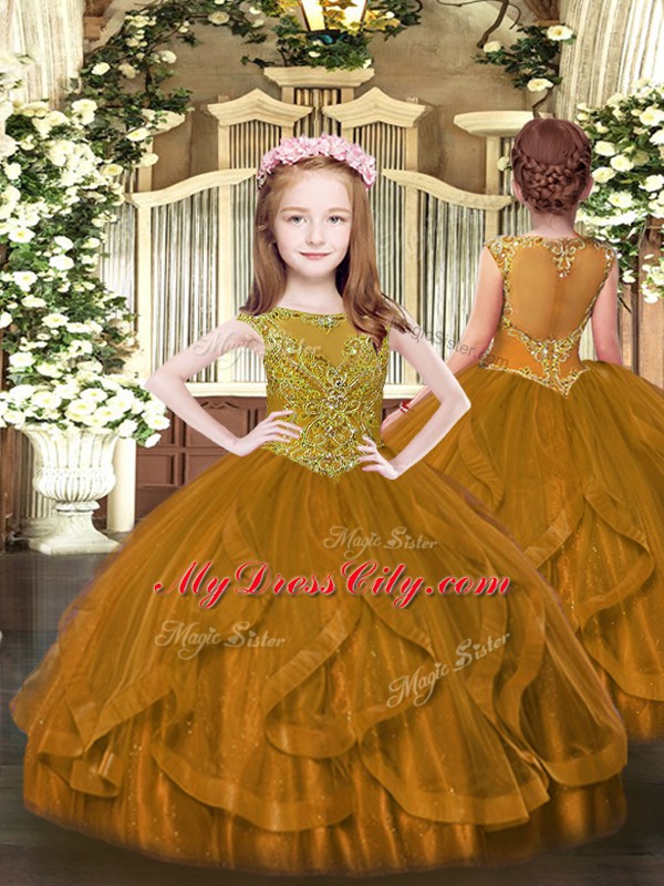 Brown Quince Ball Gowns Military Ball and Sweet 16 and Quinceanera with Beading and Ruffles Scoop Sleeveless Lace Up