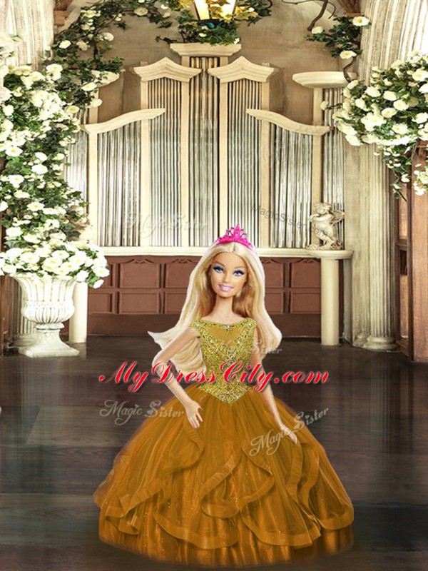 Brown Quince Ball Gowns Military Ball and Sweet 16 and Quinceanera with Beading and Ruffles Scoop Sleeveless Lace Up