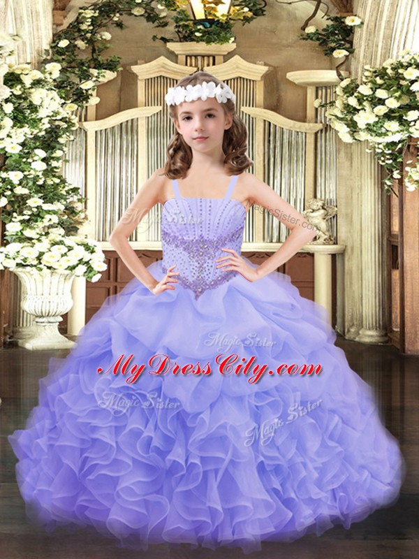 Lavender Straps Neckline Beading and Ruffles and Pick Ups Winning Pageant Gowns Sleeveless Lace Up