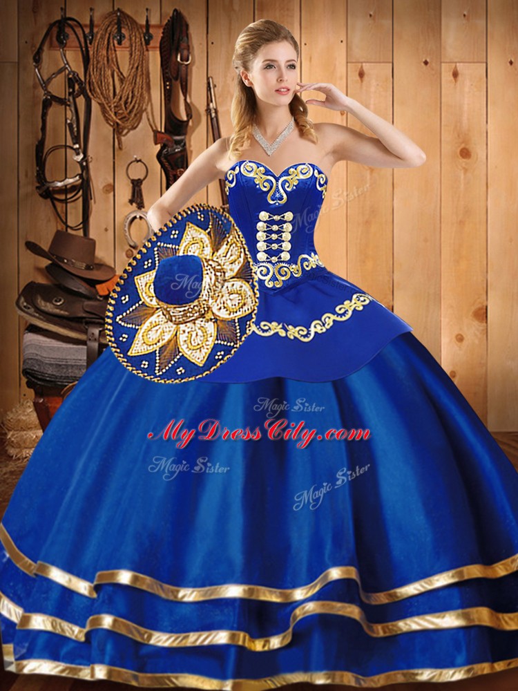 Floor Length Lace Up Sweet 16 Dress Blue for Military Ball and Sweet 16 and Quinceanera with Embroidery