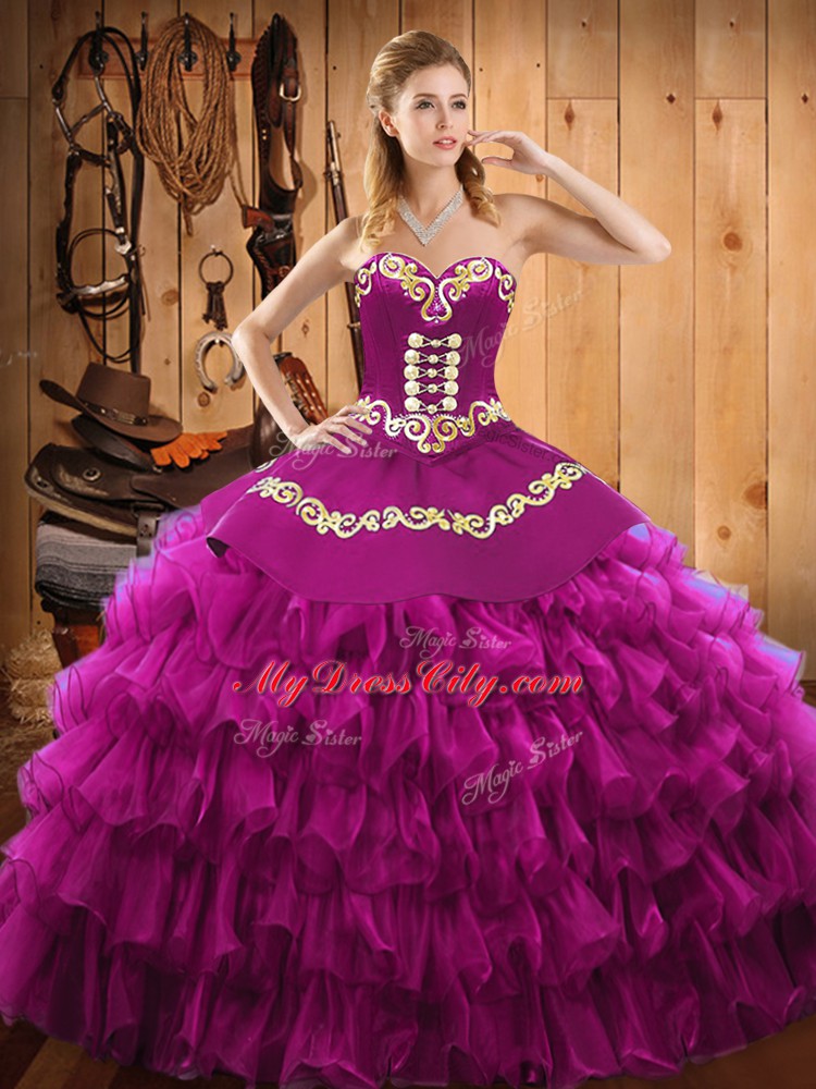 Fuchsia Sweetheart Neckline Embroidery and Ruffled Layers 15 Quinceanera Dress Sleeveless Lace Up