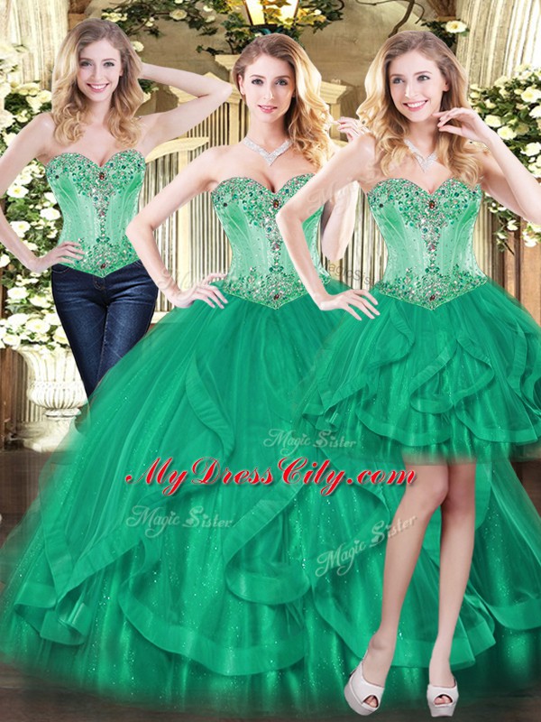 Floor Length Green 15 Quinceanera Dress Tulle Sleeveless Beading and Ruffles