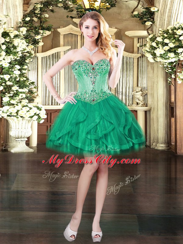 Floor Length Green 15 Quinceanera Dress Tulle Sleeveless Beading and Ruffles