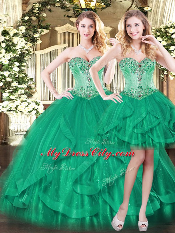 Floor Length Green 15 Quinceanera Dress Tulle Sleeveless Beading and Ruffles