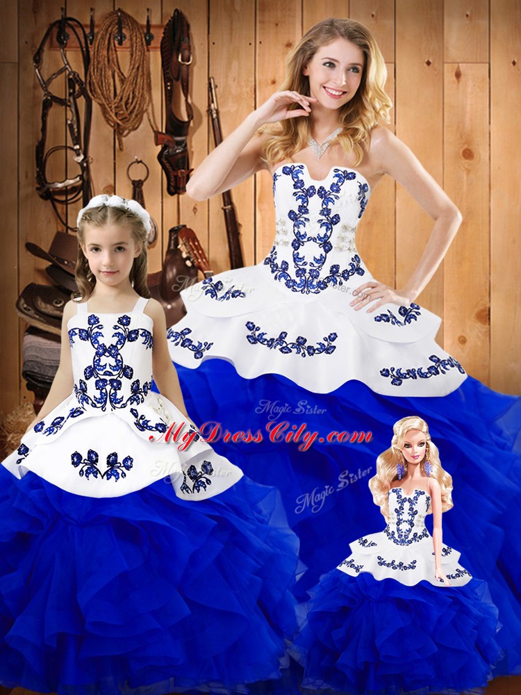 Romantic Floor Length Royal Blue Sweet 16 Dresses Strapless Sleeveless Lace Up