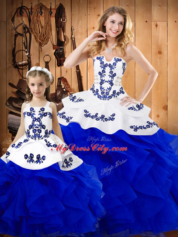 Romantic Floor Length Royal Blue Sweet 16 Dresses Strapless Sleeveless Lace Up