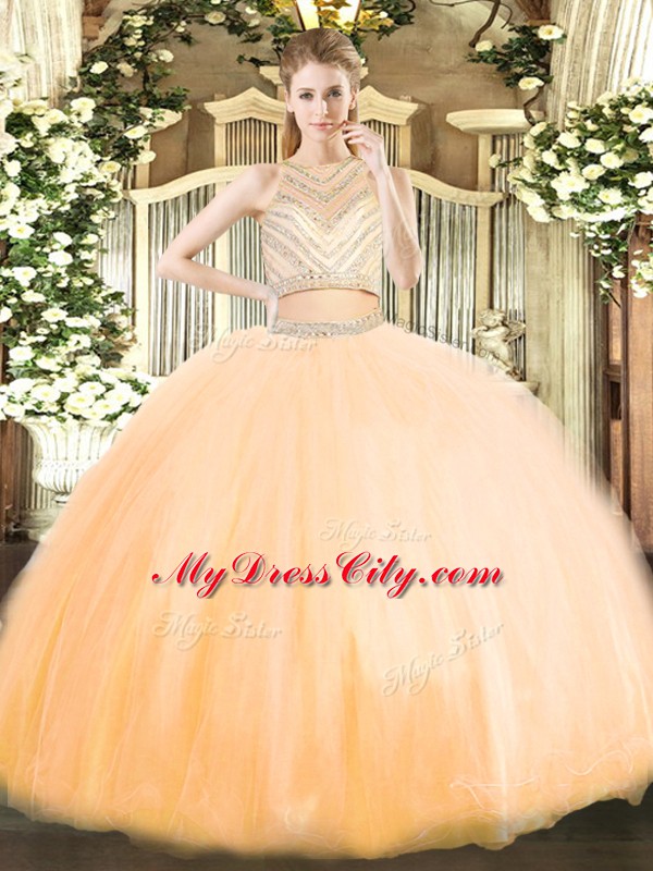 Gold Sleeveless Beading Floor Length Sweet 16 Dresses