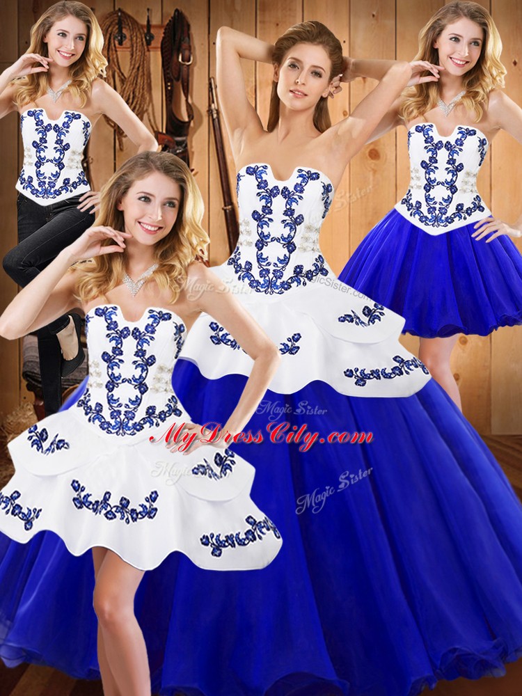 Royal Blue Lace Up Strapless Embroidery Sweet 16 Dress Tulle Sleeveless