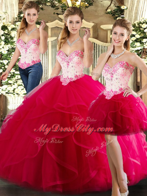 New Arrival Sweetheart Sleeveless Lace Up 15th Birthday Dress Hot Pink Organza