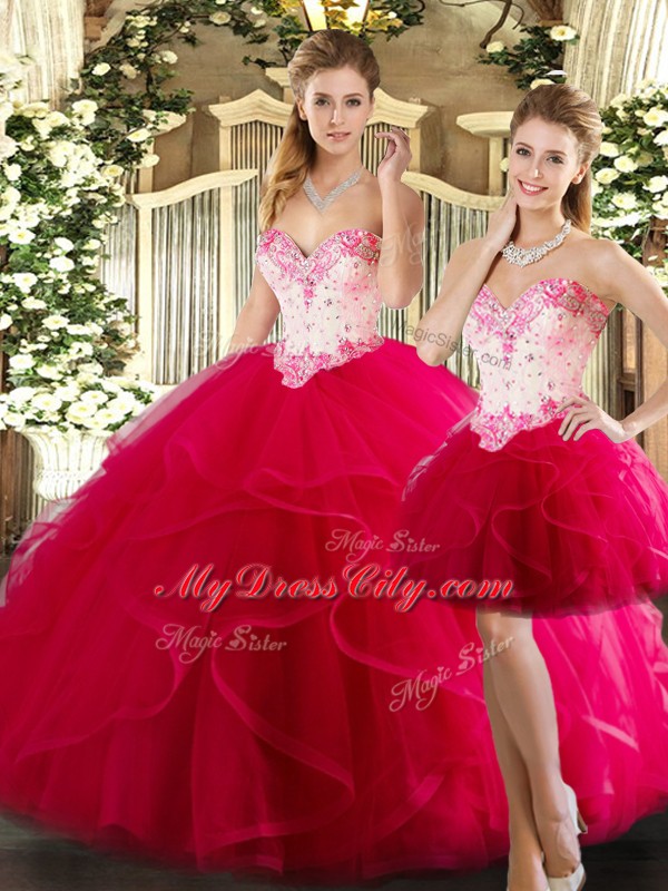 New Arrival Sweetheart Sleeveless Lace Up 15th Birthday Dress Hot Pink Organza