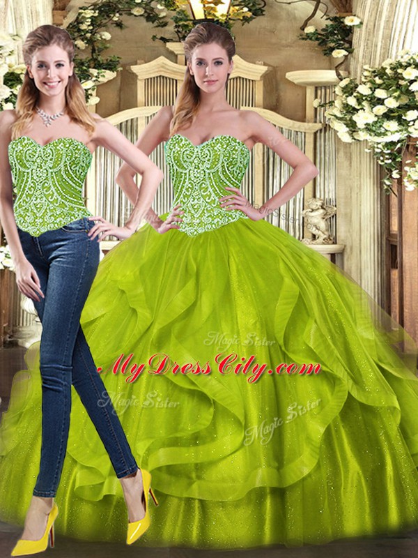 Chic Organza Sweetheart Sleeveless Lace Up Beading and Ruffles Quinceanera Gowns in Olive Green