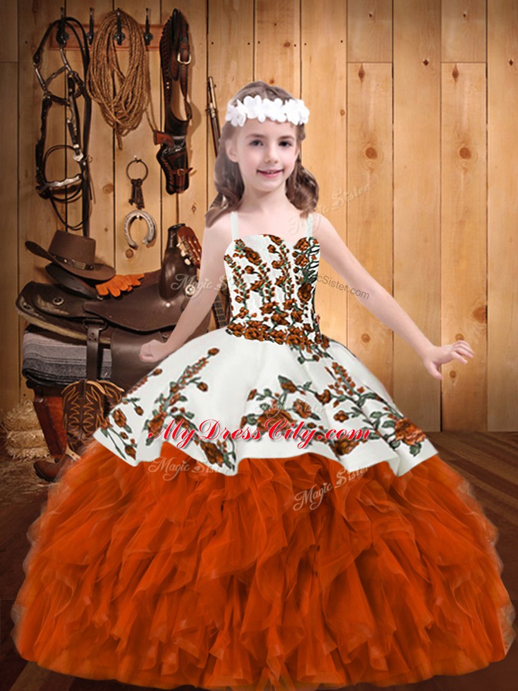 Latest Beading and Embroidery Girls Pageant Dresses Rust Red Lace Up Sleeveless Floor Length