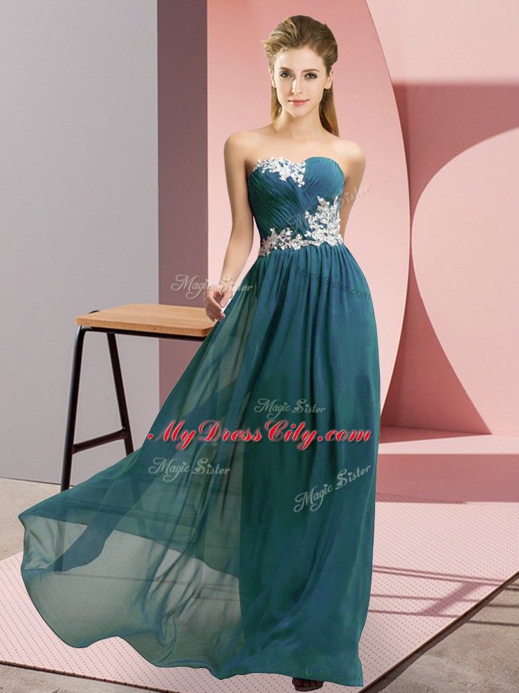 Teal Empire Sweetheart Sleeveless Chiffon Floor Length Lace Up Appliques Prom Party Dress