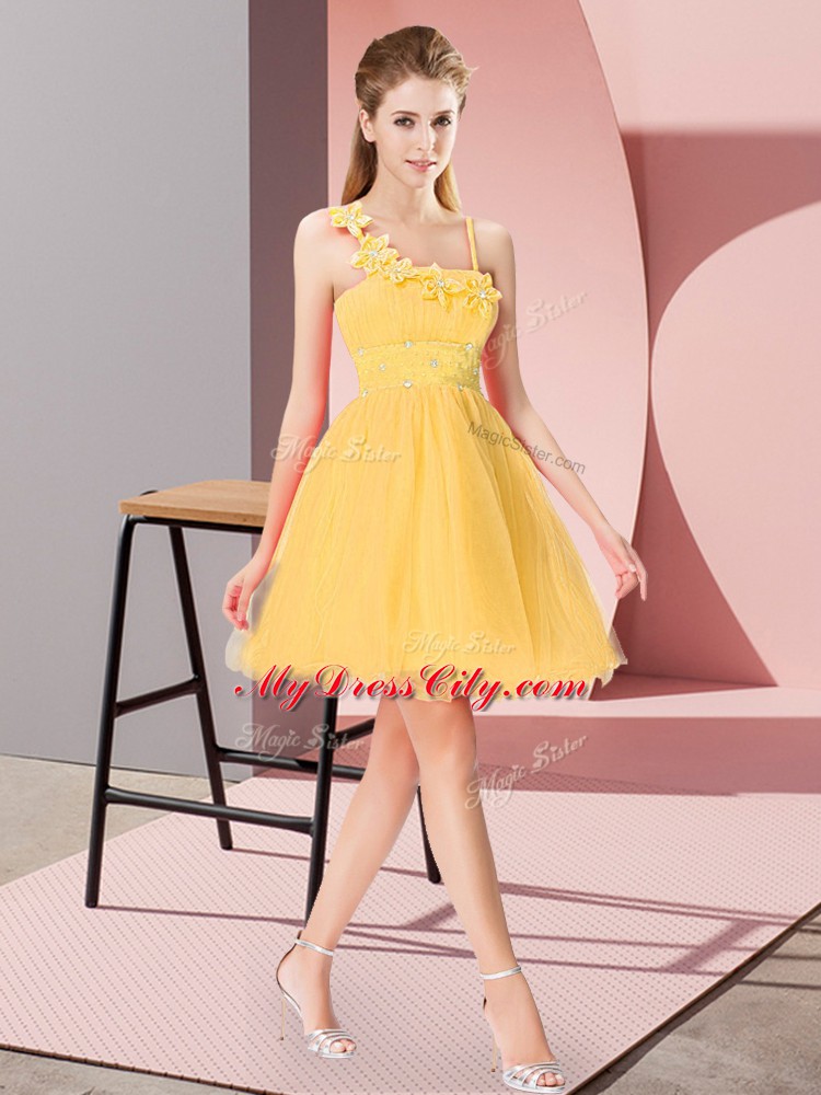 Gold Empire Beading and Hand Made Flower Evening Dress Zipper Organza Sleeveless Mini Length