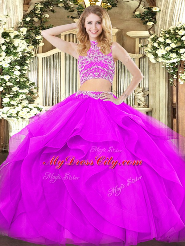 On Sale Tulle High-neck Sleeveless Backless Beading and Ruffles Ball Gown Prom Dress in Purple