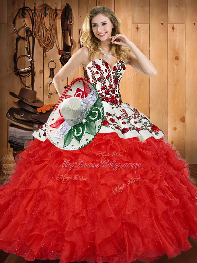 Red Lace Up Ball Gown Prom Dress Embroidery and Ruffles Sleeveless Floor Length