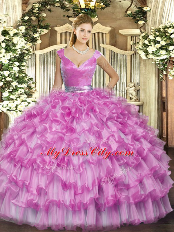 Pretty Lilac Zipper V-neck Ruffled Layers Quinceanera Gowns Organza Sleeveless