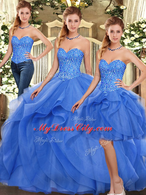 Blue Sweetheart Neckline Ruffles Quinceanera Gown Sleeveless Lace Up