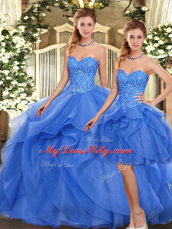 Blue Sweetheart Neckline Ruffles Quinceanera Gown Sleeveless Lace Up