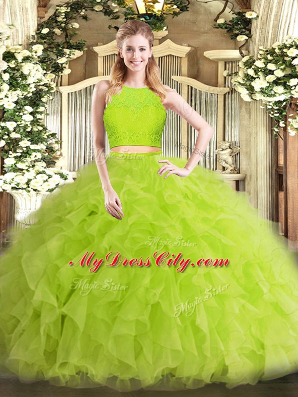 New Style Yellow Green Sleeveless Floor Length Ruffles Zipper Quinceanera Gowns