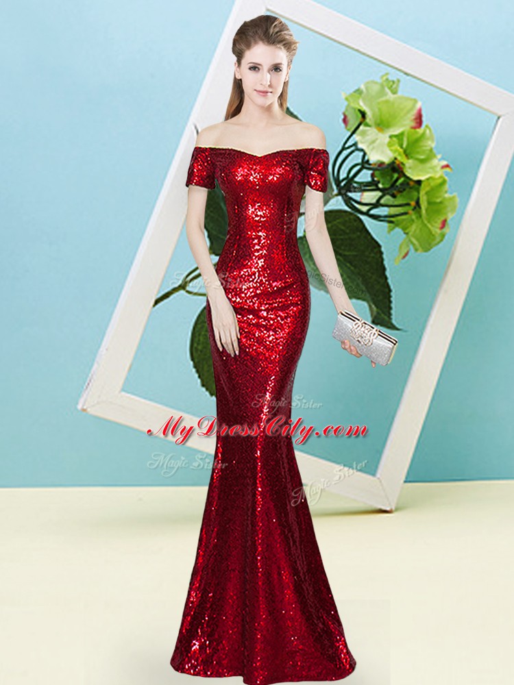 Short Sleeves Zipper Floor Length Sequins Evening Dress