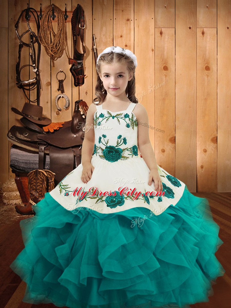 Customized Teal Sleeveless Floor Length Embroidery and Ruffles Lace Up Pageant Gowns For Girls