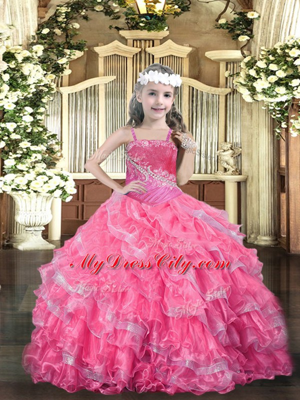 Floor Length Hot Pink Pageant Dress Toddler Straps Sleeveless Lace Up