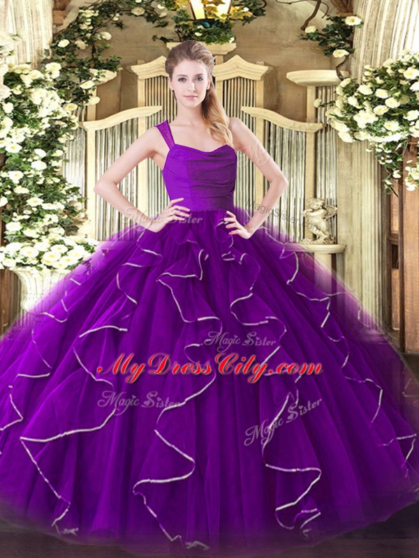 Spectacular Eggplant Purple Organza Zipper Straps Sleeveless Floor Length 15th Birthday Dress Ruffles