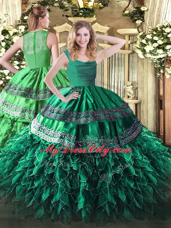 Lovely Dark Green Ball Gowns Straps Sleeveless Organza Floor Length Zipper Beading and Lace and Ruffles 15 Quinceanera Dress