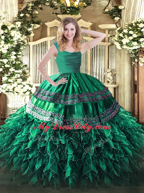 Lovely Dark Green Ball Gowns Straps Sleeveless Organza Floor Length Zipper Beading and Lace and Ruffles 15 Quinceanera Dress